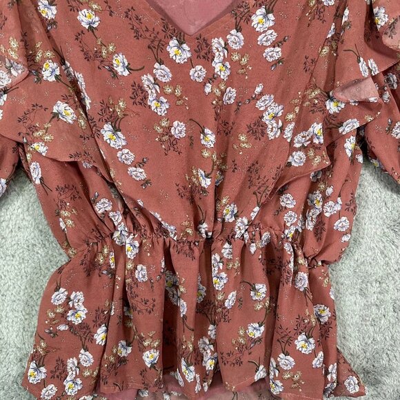 Entro Top Ladies Blue w/ Metallic Gold Leopard 3/4 Sleeves Ruffled - Picture 3 of 9